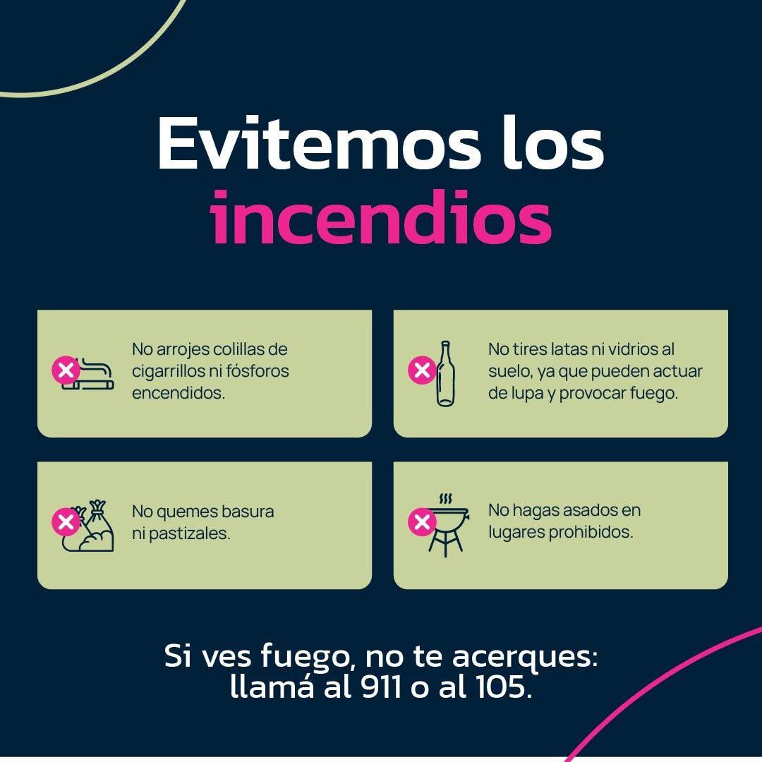 Juntos podemos prevenir los incendios 🔥  ✔ Evitá quemar basura o pastizales. ✔ Si ves un foco de incendio, llamá al 911 o al 105. ✔ Pequeñas acciones salvan vidas.  La prevención está en nuestras manos.  🌿