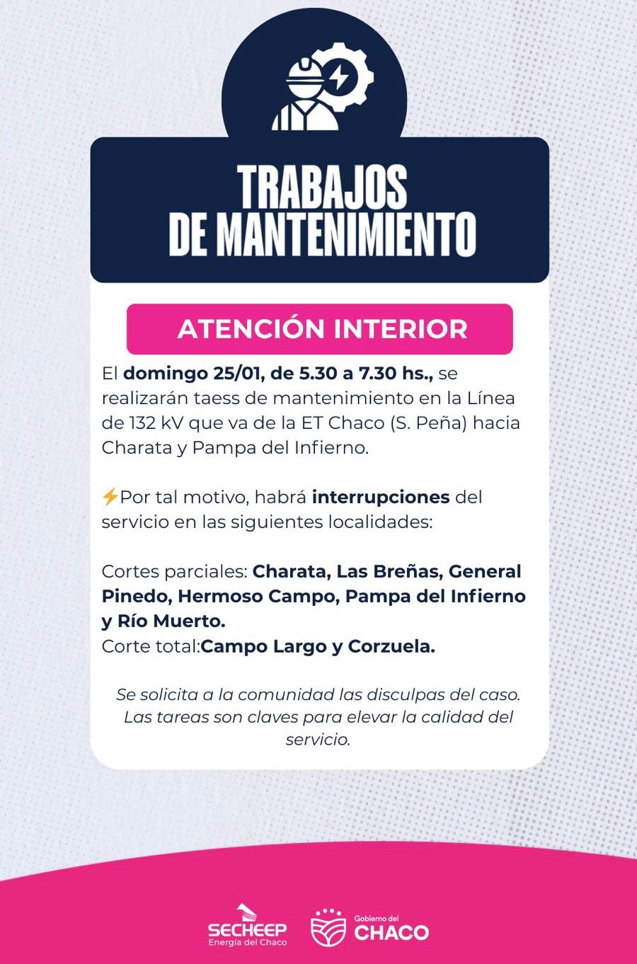 *ESTE DOMINGO: SECHEEP REALIZARÁ TRABAJOS DE MANTENIMIENTO EN LÍNEA DE ALTA TENSIÓN*  