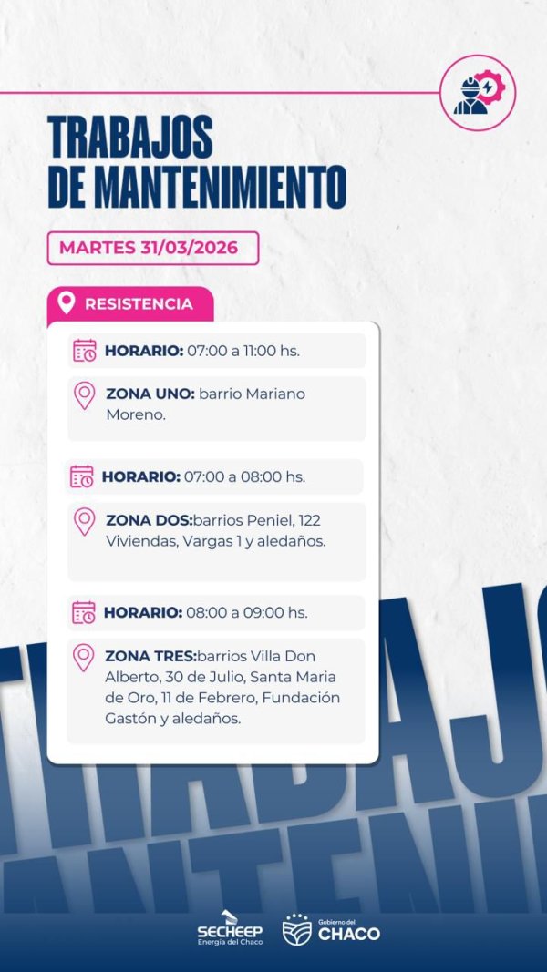 * SECHEEP: Trabajos de mantenimiento, programados para este martes 31 de marzo en: Resistencia  *