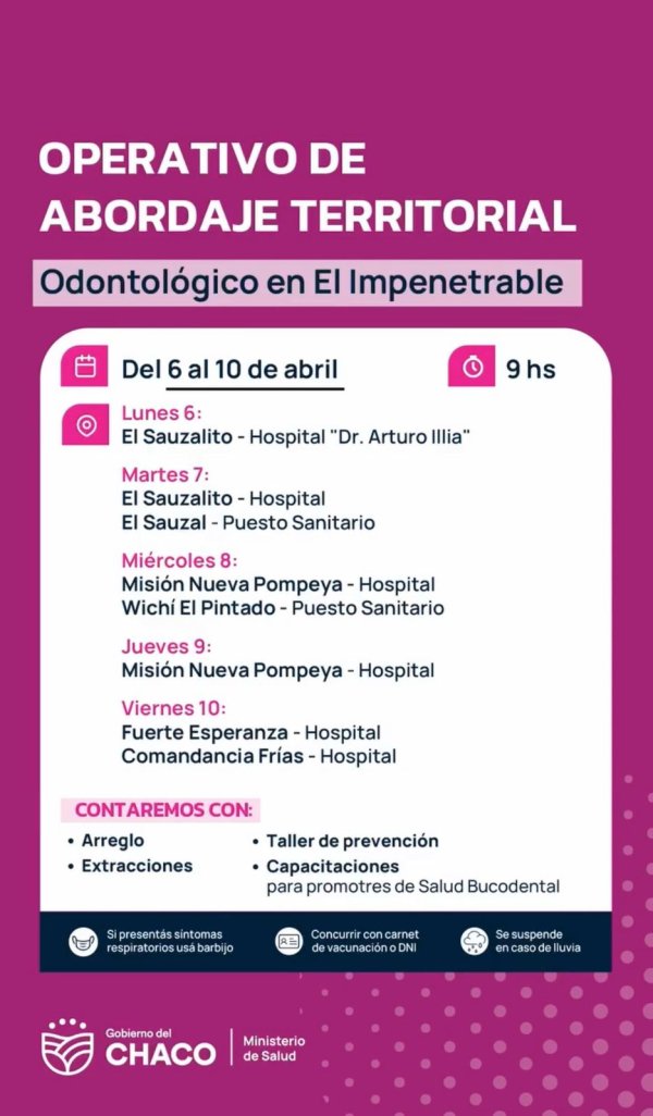 *DEL 6 AL 10 DE ABRIL: SE REALIZARA UN OPERATIVO ODONTOLOGICO INTEGRAL EN EL IMPENETRABLE*