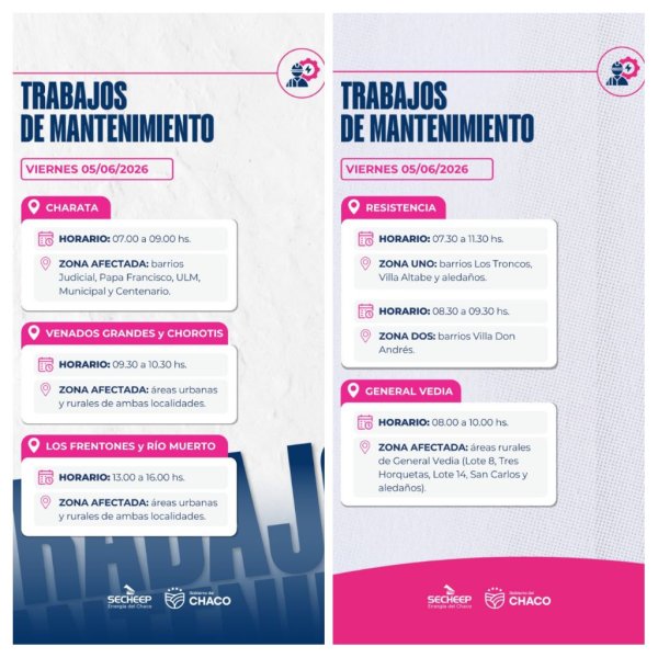  SECHEEP: Trabajos de mantenimiento programados para este viernes 5 de junio, en Resistencia, Vedia, Charata, Venados Grandes, Chorotis, Los Frentones y R&iacute;o Muerto 