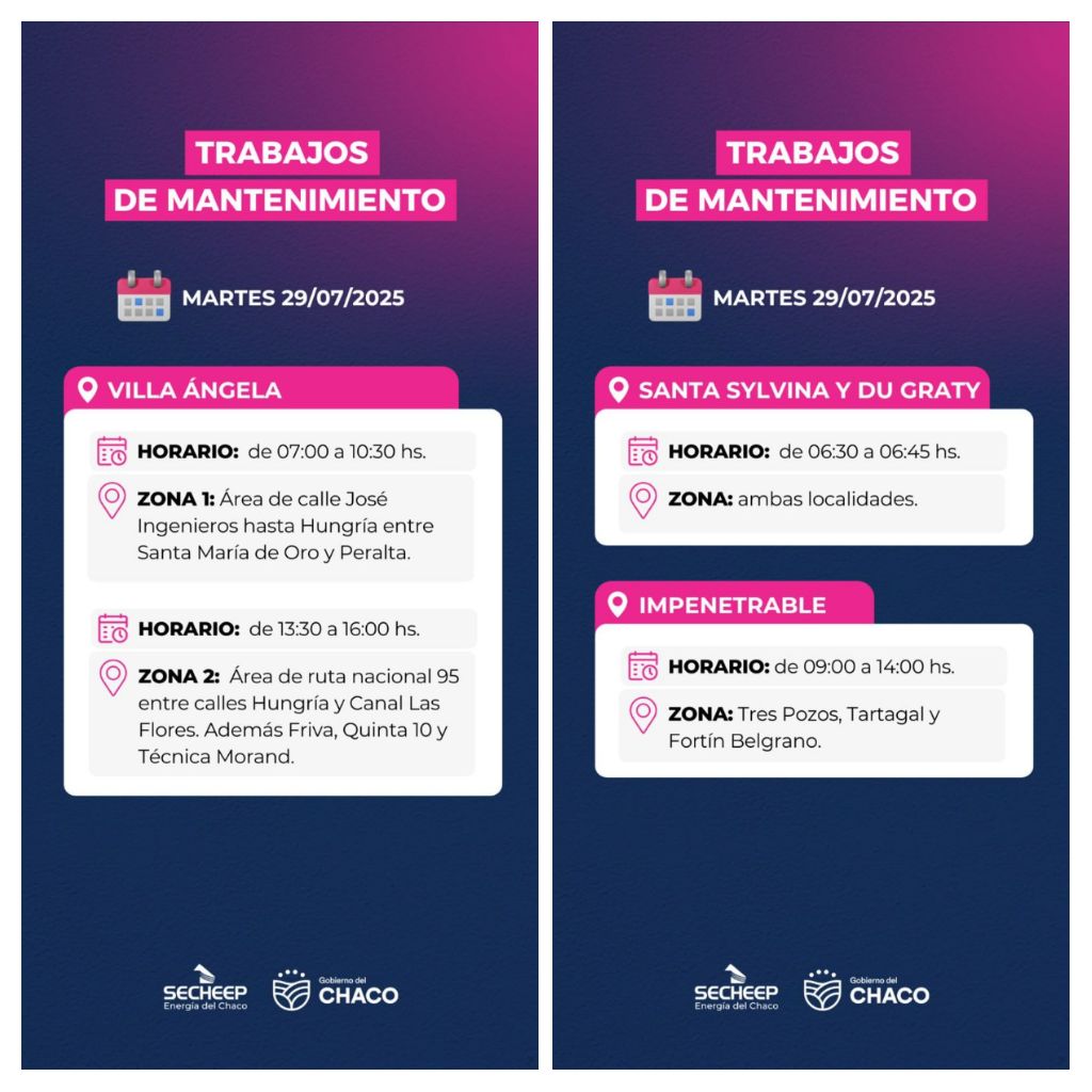 *ESTE MARTES 29: SECHEEP REALIZARÁ TRABAJOS DE MANTENIMIENTO EN DISTINTAS LOCALIDADES*  