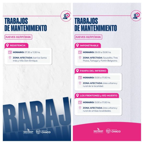 * SECHEEP: Trabajos de mantenimiento programados para este jueves 2 de julio en Resistencia, Pampa del Infierno, Los Frentones, R&iacute;o Muerto y Zona de El Impenetrable .