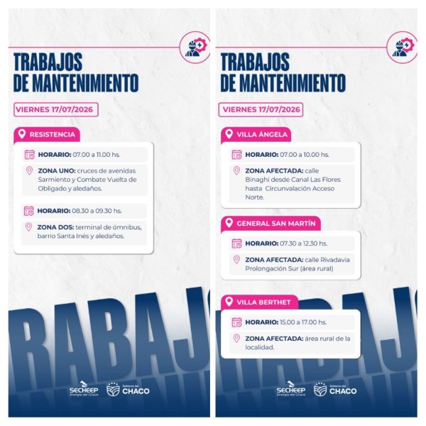  SECHEEP: Trabajos de mantenimiento programados para este viernes 17 de julio, en Resistencia, Villa &Aacute;ngela, San Mart&iacute;n y Villa Berthet .