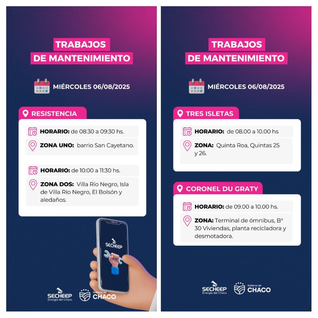 ESTE MIÉRCOLES 6: SECHEEP REALIZARÁ TRABAJOS DE MANTENIMIENTO EN RESISTENCIA, TRES ISLETAS Y DU GRATY