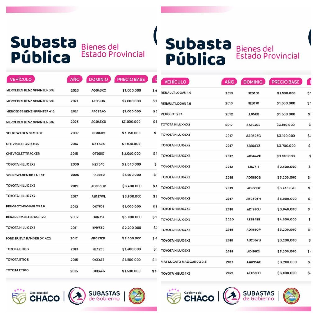 El gobierno del Chaco realizará una nueva subasta de 36 vehículos oficiales 